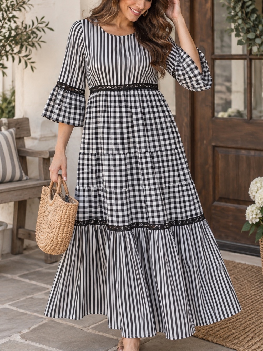 Black White Gingham Stripe Maxi Dress 1XL Cottagecore Boho Tiered